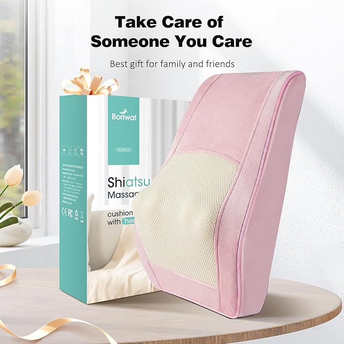 Boriwat Back Massager with Heat, Neck Massager for Pain Relief Deep Tissue, 3D Kneading Massage Pillow for Back, Neck, Shoulder, Legs - Pink