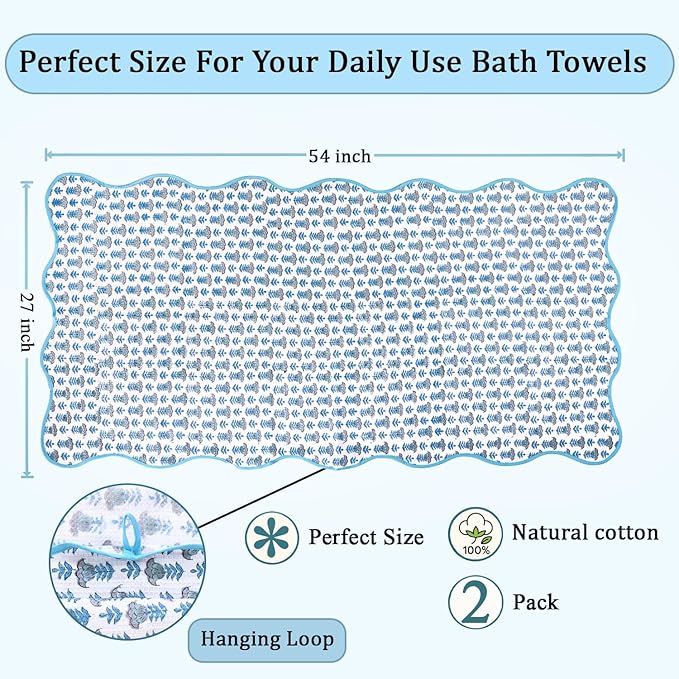 Ridhi Block Print Aquamarine Blue Cotton Spa Towel 27"x54" Set of 2 Handmade Bath Towel, Quick Dry Turkish Style Bath Sheet, Soft Absorbent Luxury Towel for Home, Gym & Spa, Boho Bathroom Decor