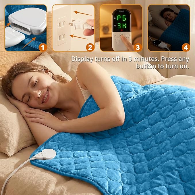 King Size Electric Heating Pad for Back Pain 32"x24" Extra Large Heating Pad for Period Cramps Relief & Body Neck Shoulder Auto Shut Off Heat Pad Temperature Settings Machine Washable Blue