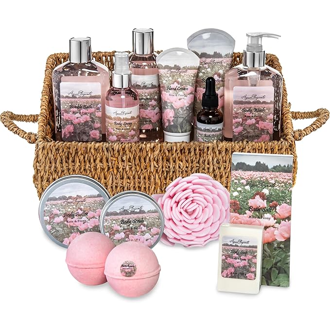 Aqua Elegante Bath Spa Gift Set - 15 Piece Premium Basket with Wash, Bubble Bath, Lotion, Salts, Body Scrub, Towel, Shower Puff, Bathbombs, Reusable Basket, Gifts for Women - Rose Oil & Peony