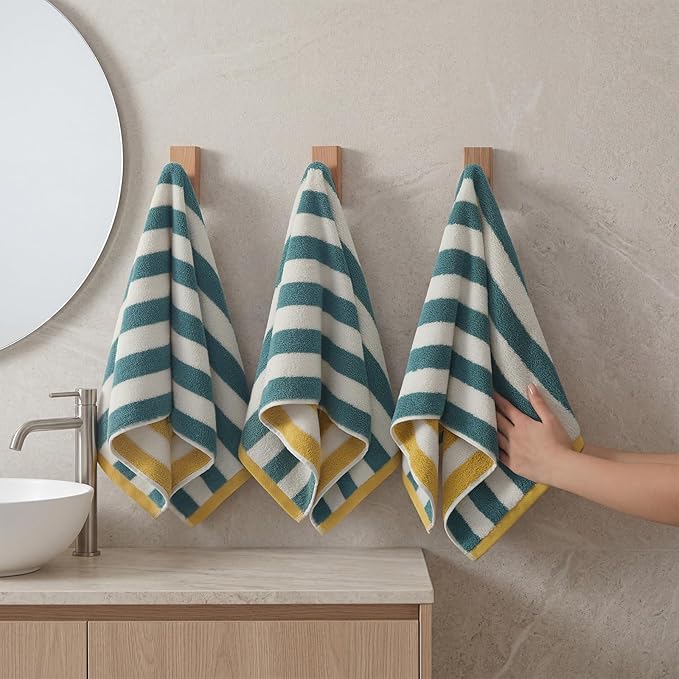 REDKISS 3-Pack Green Hand Towels for Bathroom - 12 x 28 Inches 100% Cotton Towels, Ultra Soft and Highly Absorbent Striped Hand Towel for Bath, Gym, Hotel, Kitchen and Spa