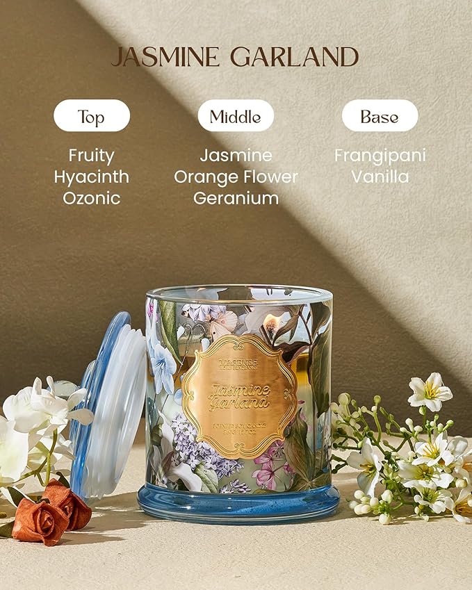 M&SENSE Jasmine Garland Spring Natural Soy Candle, 12.7oz 75H Slow Burning Floral Scented Candle, Home Aromatherapy, Perfect Present for Mom Her