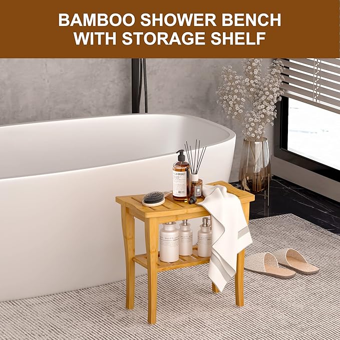 Greenual Bamboo Shower Bench 2-Tier Spa Shower Stool for Inside Shower with Storage Shelf and Non-Slip Feet Shower Chair Seat Organizer for Bathroom or Living Room
