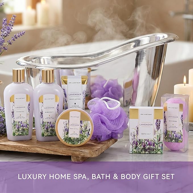 spa luxetique Spa Gifts for Women, Gift Basket, 8 Pcs Lavender Bath Sets with Bubble Bath, Lotion Sets, Birthday Anniversary Gifts for Her, Self Care Kit, Mothers Day Gift for Mom
