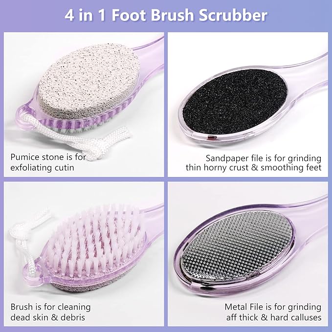 2-Pack 4 in 1 Pedicure Tool Callus Remover - Foot Scrubber with Pumice Stone, Cleaning Brush, Metal Rasp & Sandpaper for Dead Skin and Shower (Lilac and Blue)