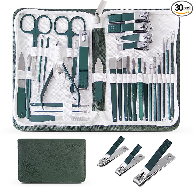 WOAMA Manicure Set Nail Clippers 30-piece Pedicure Kit Manicure Tools Nail Manicure Kit with Green Travel Case for Home, Workplace, Gift, Beauty Salon