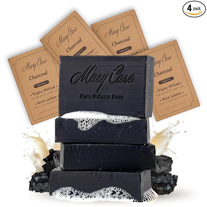 Mary Case Goat Milk & Activated Charcoal Bar Soap Set of 4 | Natural Soap with Olive & Coconut Oils | Deep Cleansing, Detoxifying & Purifying Bath Soap Bars for Sensitive & Oily Skin
