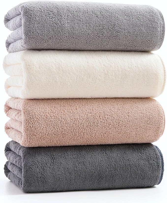 sakano Quick-Drying Microfiber Towel Set - 4-Piece Mixed Color Bath Towel Set, Highly Absorbent, Lint Free Design for Bath, Beach, and Gym - Light Gray+White+Khaki+Dark Gray, 28 x 55 inches