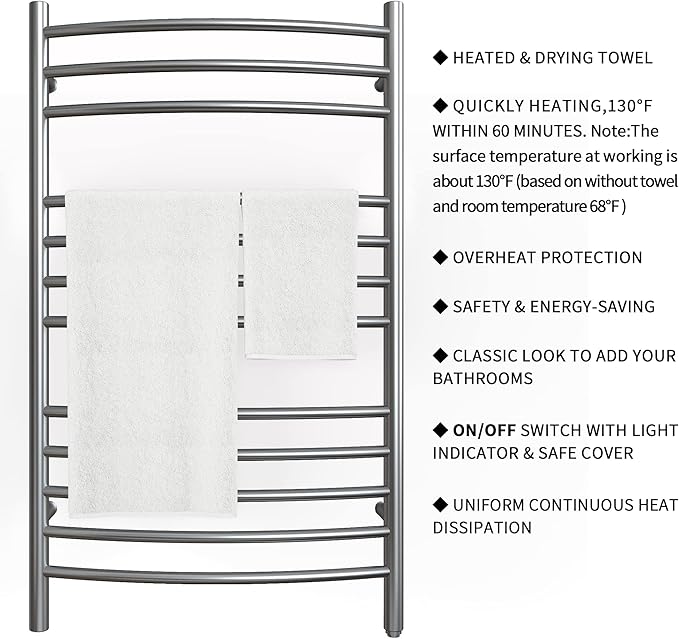 HEATGENE Towel Warmer Gun Grey, Electric Hot Towel Rails, Wall-Mounted Large 12 Bars Warming Towel Racks, Plug-in/Hardwired Heated Towel Rails