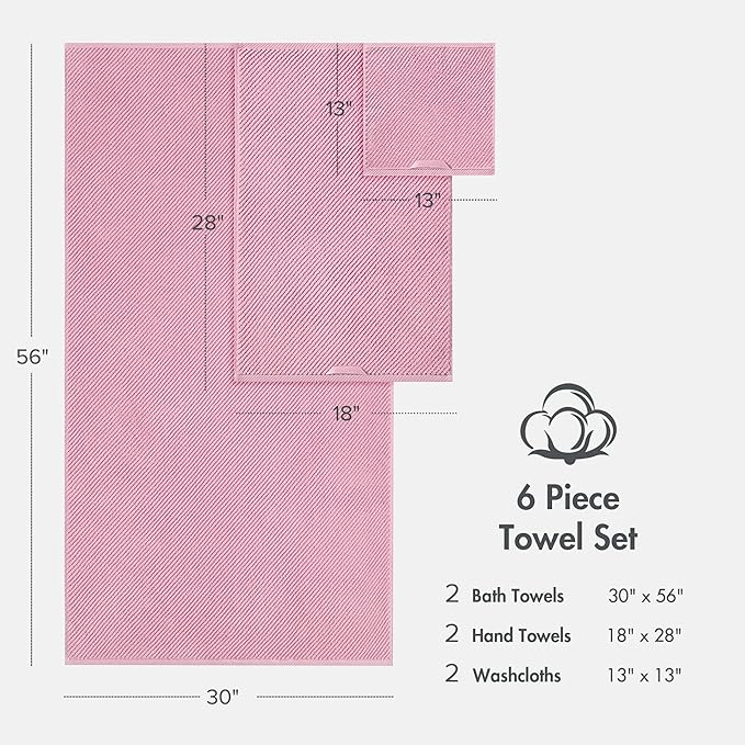 Madison Park Bathroom Towel Set of 6 Diagonal Ribbed, Pink 100% Cotton Quick Dry & Absorbent| 2 Bath 30" x 56"| 2 Hand 18" x 28"| 2 Washcloths 13" x 13"| Zero Twist, 500 GSM, Oeko-TEX