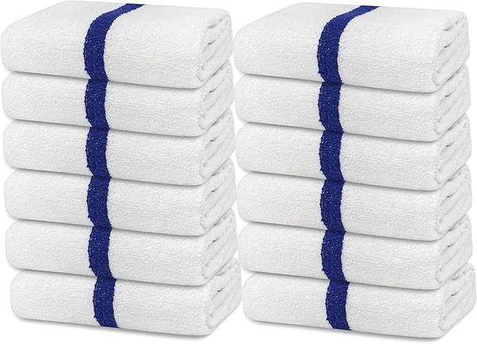 Avalon Towels 100% Cotton Pool Towels White Beach Towels Blue Stripe Pack of 12 (22x44 Inches) - Quick Drying, Highly Absorbent & Lightweight for Commercial Use for Hotels, Motels, Beaches & Poolside