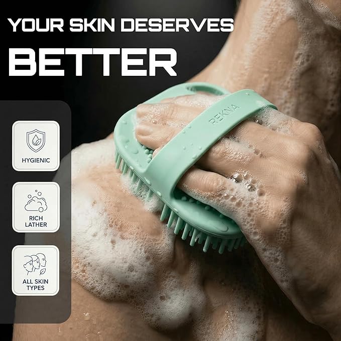 Silicone Body Scrubber for Shower - Exfoliating Body Brush with Non-Slip Grip - Durable Loofah Alternative - Soft Bristles for Gentle Cleansing, High Lather & Quick Drying, Green