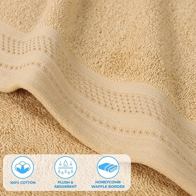Superior Honeycomb Cotton Medium Weight Towels, for Bathroom, Shower, Spa, Pool, Quick Dry, Adults, Home Essentials, Textured Waffle Border, Oversized Large Towels, Bath Sheets, Set of 2, Gold