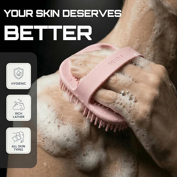 Silicone Body Scrubber for Shower - Exfoliating Body Brush with Non-Slip Grip - Durable Loofah Alternative - Soft Bristles for Gentle Cleansing, High Lather & Quick Drying, Pink