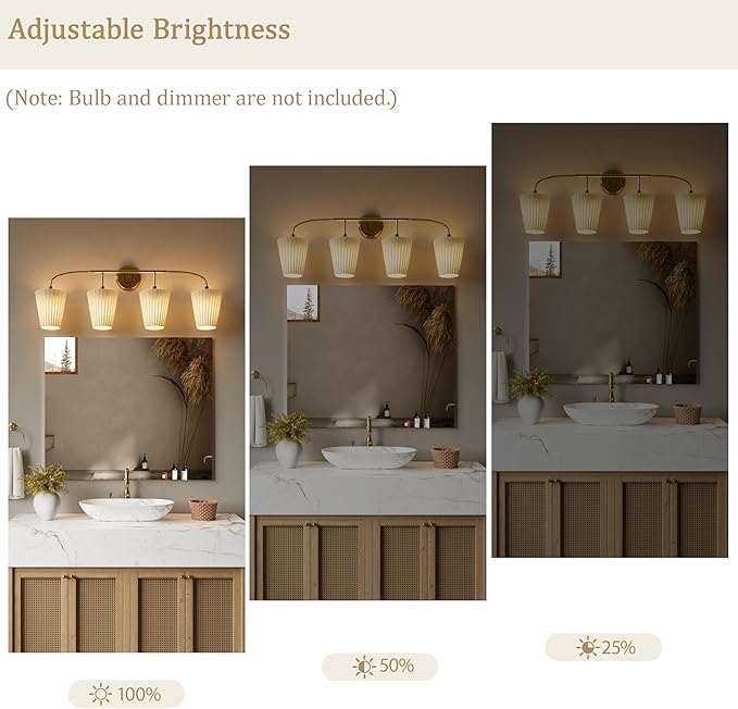 4-Light Bathroom Light Fixtures, Gold Bathroom Vanity Light Over Mirror, Modern Light Fixtures with Flared Fabric Shade for E26 Bulbs, Wall Sconce Light for Bedroom, Hallway with ETL