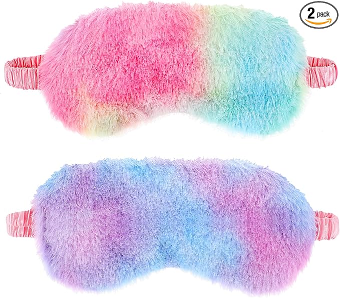 2 Pack Plush Sleeping Eye Mask Soft Plush Eye Mask Fuffy Eye Cover Comfortable Sleep Mask Blindfold Rainbow Faux Fur Eye Shade for Women, Men and Kids Travel Nap Sleeping