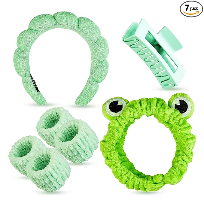 7 Pcs Spa Set, Facial Spa Headband and Wristband Set, Skincare Headband, College Style Girl Gift, Hair Accessories for Women and Girls (Green) ﻿