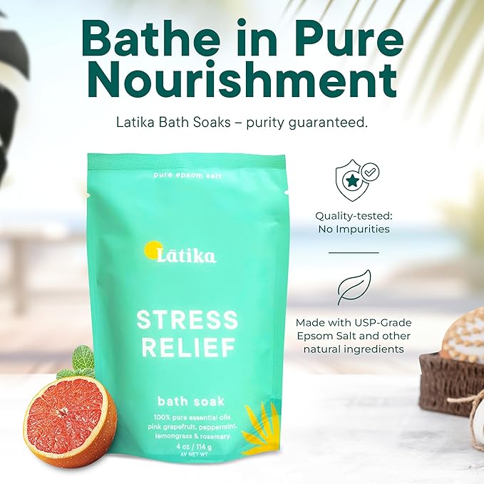 Latika Soaks Set of 3 - Stress Relief Soaks with Sweet Orange and Geranium Rose Moisturizing Epsom Salt Soak for Stress Relief, Relaxation, and Skin Nourishment, at-Home Spa Retreat Gift