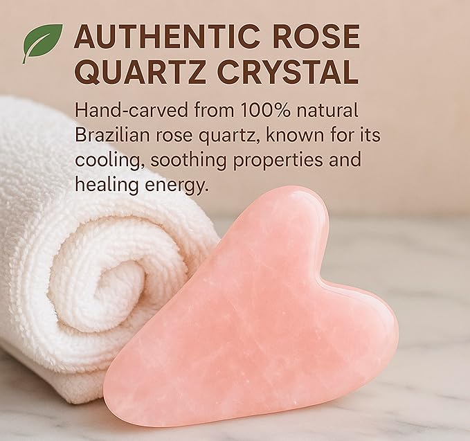 Rose Quartz Gua Sha Facial Tool Heart-Shaped Crystal for Puffiness, Lymphatic Drainage & Facial Sculpting – Hand-Carved Brazilian Stone for Face, Neck & Body