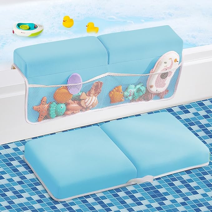 Baby Bath Kneeler and Elbow Rest Pad Set, Thick Soft Quick Dry Bathtub Mat with Toys Organizer, Blue