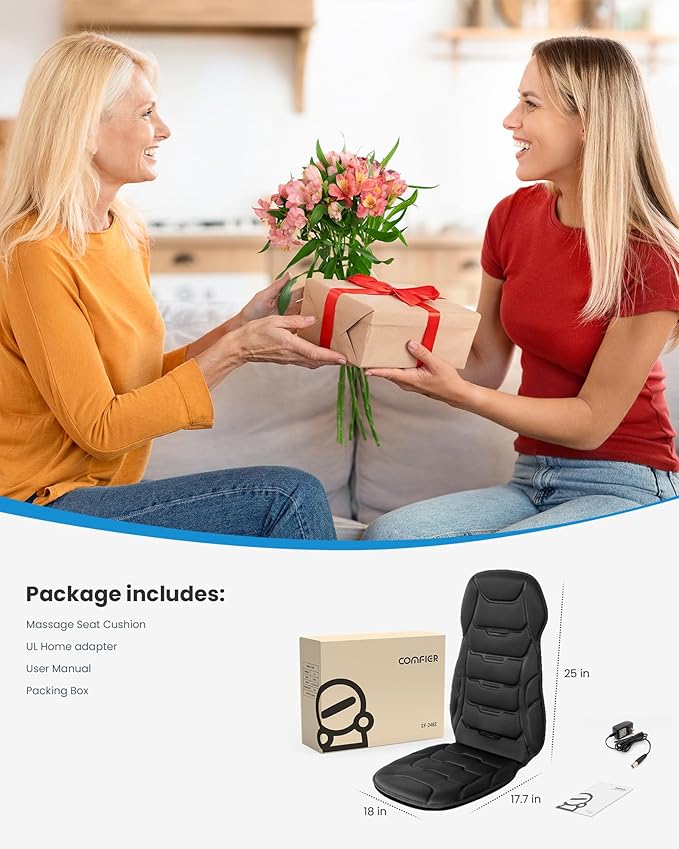 COMFIER Back Massager with Heat, Vibration Massage Seat Cushion with 8 Massage Nodes & 5 Modes, Adjustable Chair Massager Pad for Home Office, Heated Chair Pad, Mother‘s Day Gifts for Mom