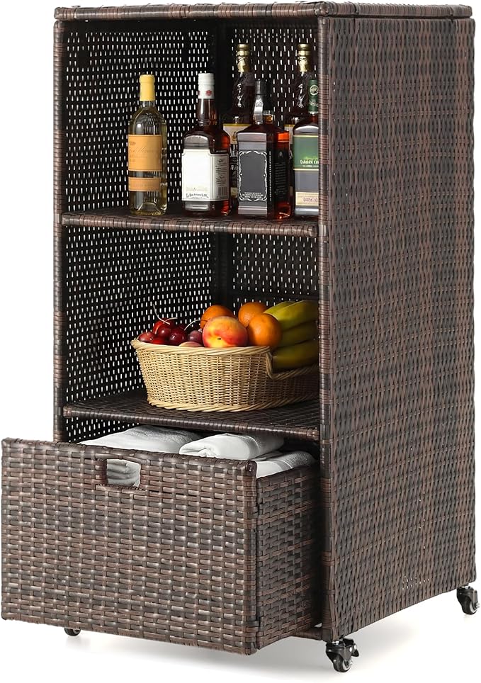 HOMREST Outdoor Pool Towel Rack with Storage Cabinet, Waterproof PE Rattan Wicker Poolside Towel Organizer with Shelves & Drawer, Rolling Wheels Towel Valet Caddy for Patio, Hot Tub, Spa,Brown