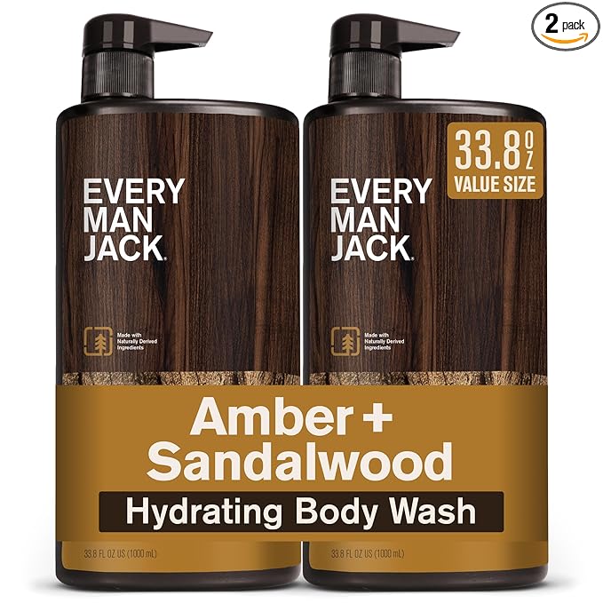 Every Man Jack Nourishing Amber + Sandalwood Mens Body Wash for All Skin Types - Cleanse, Nourish, and Hydrate Skin with Naturally Derived Coconut, Glycerin - 33.8 fl oz - 2 Bottles