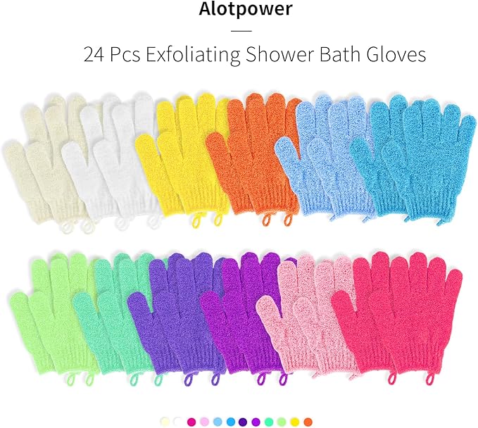 Alotpower 24 Pieces Exfoliating Bath Gloves, Made of 100% Nylon,12 Colors Double Sided Exfoliating Gloves for Beauty Spa Massage Skin Shower Scrubber Bathing Accessories