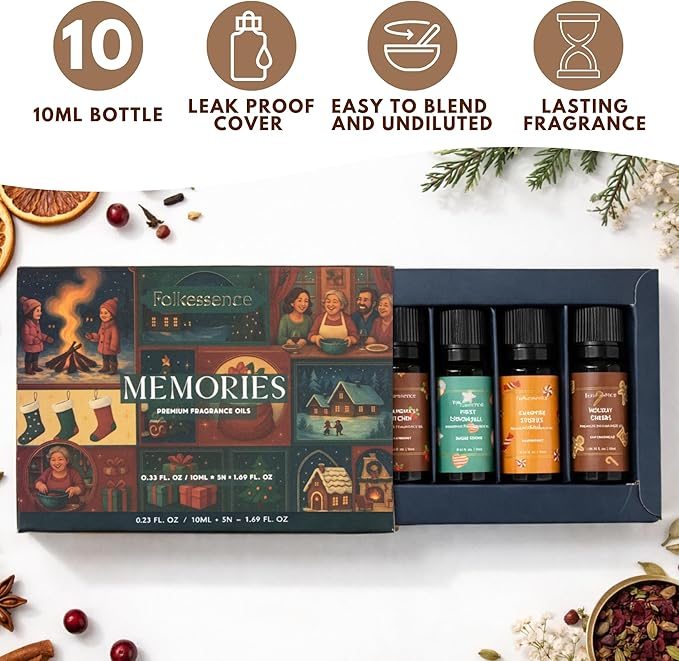 Folkulture Memories Essential Oils Set for Diffuser | Set of 5 Fragrance Oils for Aromatherapy | Gingerbread, Peppermint, Cranberry | Home Fragrance Gift | Home Decor Gifts