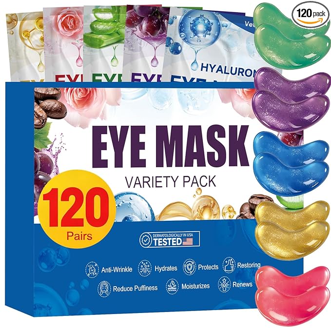 120 Pairs Under Eye Patches for Puffy Eyes and Dark Circles - Eye Mask Patches Variety Pack Travel & Skincare Gifts for Women/Men (Hyaluronic, 24K Gold, Grape, Caffeine, Aloe)