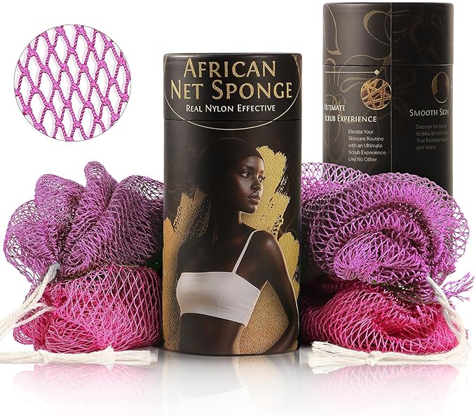 African Net Sponge Authentic Exfoliating Body Scrubber for Shower & Bath, Deep Cleansing Lather for Dead Skin Removal, Back Scrubber Gift for Women & Men（Rose Red & Purple）