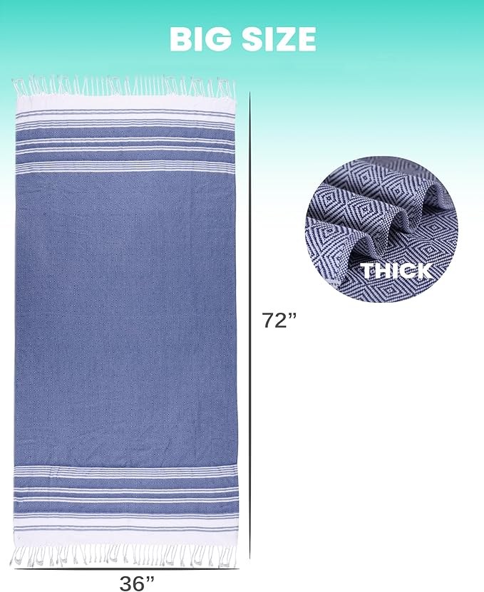 2 Packs Cotton Turkish Beach Towels Quick Dry Sand Free Soft Absorbent Extra Large Xl Big Blanket Adult Oversized Bath Pool Swim Towel Set Bulk Multipack Lightweight Thin Sandless Fast Drying Compact