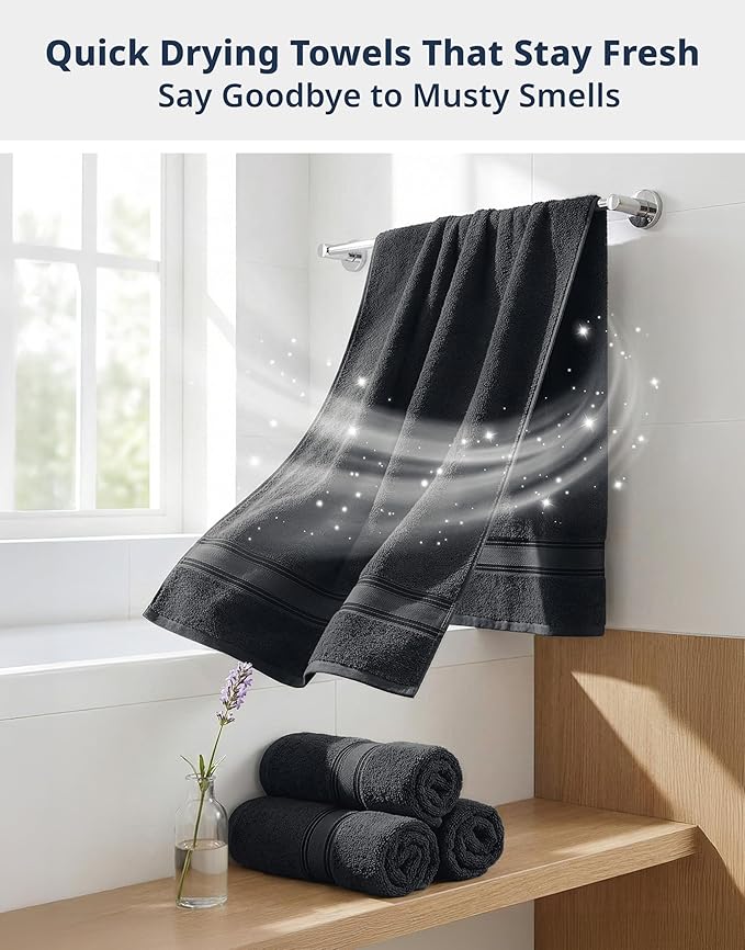 LANE LINEN 12 Piece Premium Towels for Bathroom – 100% Cotton Bath Towel Sets, Zero Twist, 4 Bath, 4 Hand Towel & 4 Wash Cloths, Highly Absorbent, Remains Soft After Wash, Hotel & Spa Quality – Black