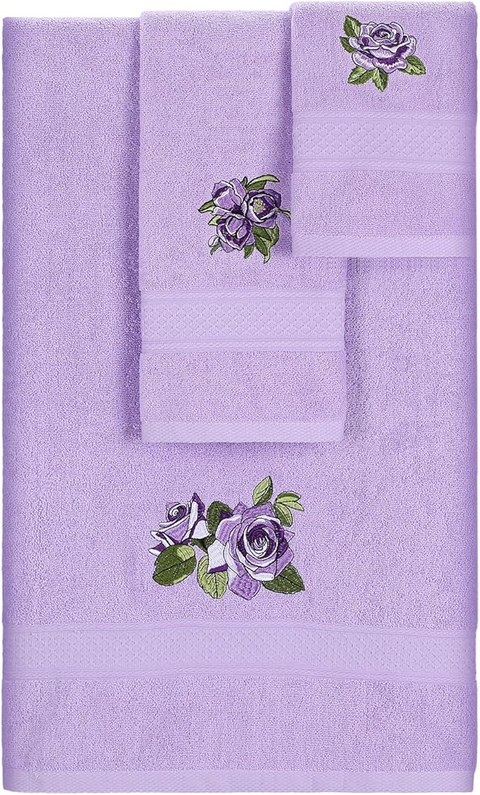 3 Pcs Rustic Purple Roses Bathroom Towel Set Farmhouse Embroidered Purple Roses Towels Vintage Decorative 100% Cotton Bath Towel Highly Absorbent Elegant Summer Decor Set for Bathroom