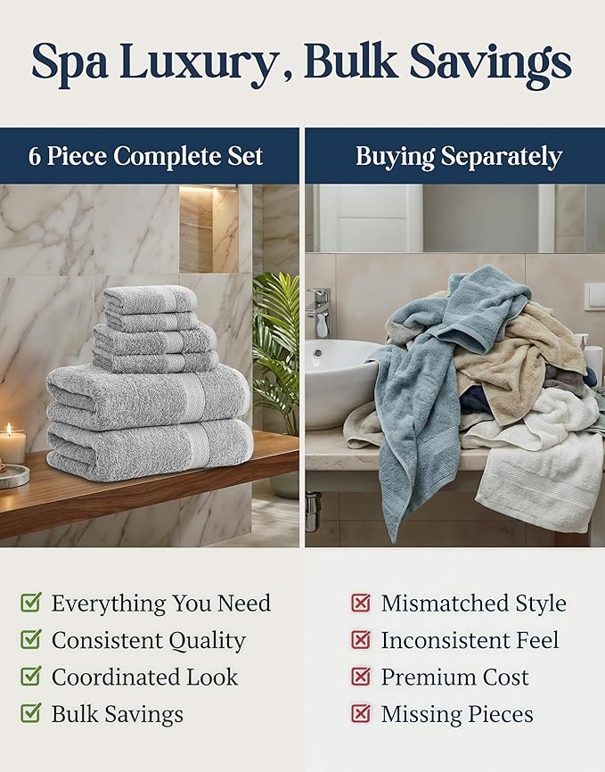 LANE LINEN 100% Cotton Turkish Towel Set for Bathroom - 6 Piece - Super Soft, Quick Dry & Highly Absorbent - 2 Bath, 2 Wash cloths, 2 Hand Towels - Hotel Quality, Durable & OEKO-TEX Certified - Grey