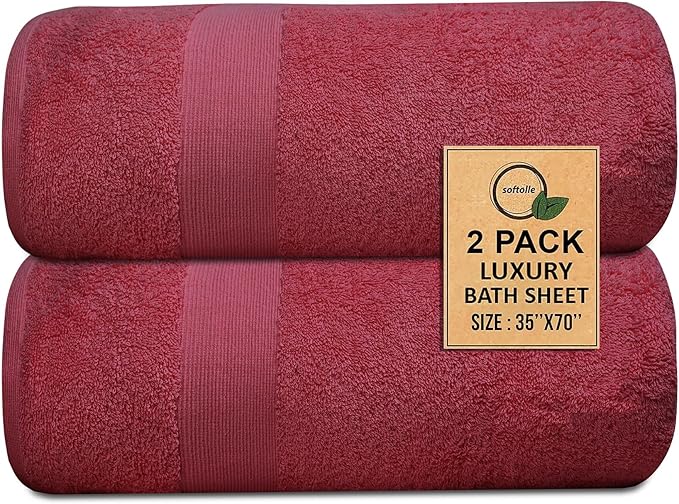 Softolle 100% Cotton Luxury Bath Sheets - Pack of 2 (35" x 70") | Super Soft, Quick-Dry & Highly Absorbent Towels for Bathroom, Home, Spa & Gym (Burgundy)