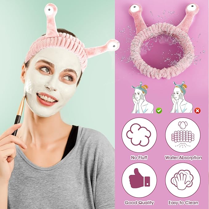 WLLHYF Spa Headband Facial Makeup Head Band Microfiber Soft Coral Fleece Head Wraps Snail Cartoon Cute Hair Accessories Elastic Skincare Hair Band for Women Girls Washing Face Beauty (Pink)
