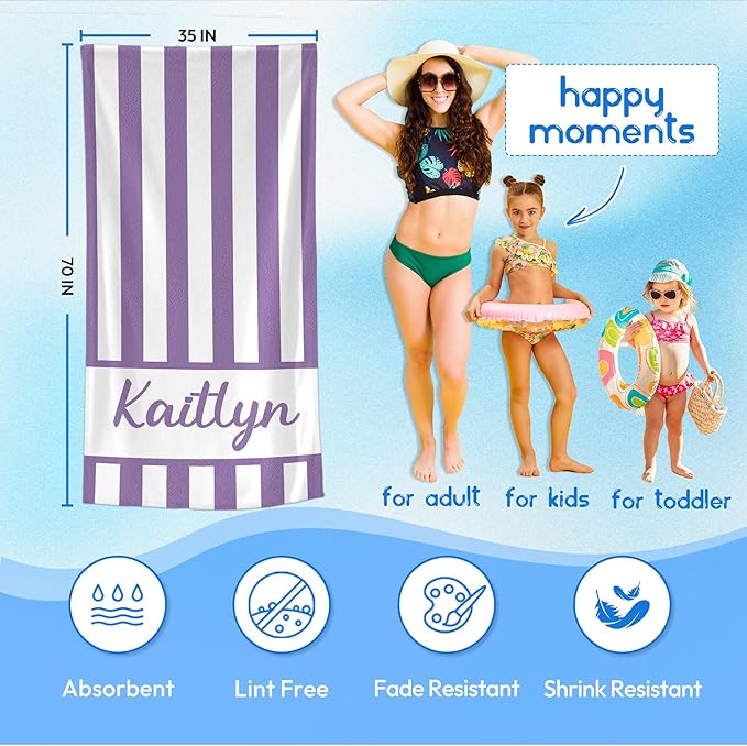 JML Personalized Beach Towel with Name, Custom Cabana Stripe Beach Towel, Customized Microfiber Pool Towel, Quick Dry & Absorbent Swim Towel for Adult,Anniversary, Birthday, Summer Holiday,Vacation