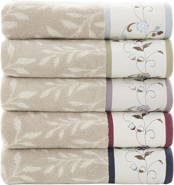 Madison Park Serene 100% Cotton Bath Towel Set Luxurious Floral Decorative Towels for Bathroom Embroidered Cotton Jacquard Design Soft Highly Absorbent for Shower 600 GSM, Multi-Sizes, Navy 6 Piece