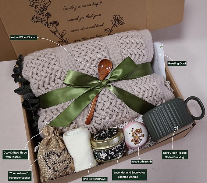 Get Well Soon Gift Basket- Relaxation, Birthday,Self Care Package, After Surgery Recovery, Sympathy Gift for Loss of Loved One, Thinking of You Set, Grief/Miscarriage for Women(Dark Green)
