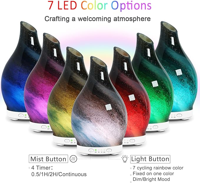 Essential Oil Diffuser 150ML Glass Aromatherapy Diffuser with 4 Timer Settings & 7 Color Changing Lights, Auto Shut-Off, Ultra Quiet Oil Diffuser for Home, Office, Yoga, Spa and Sleeping