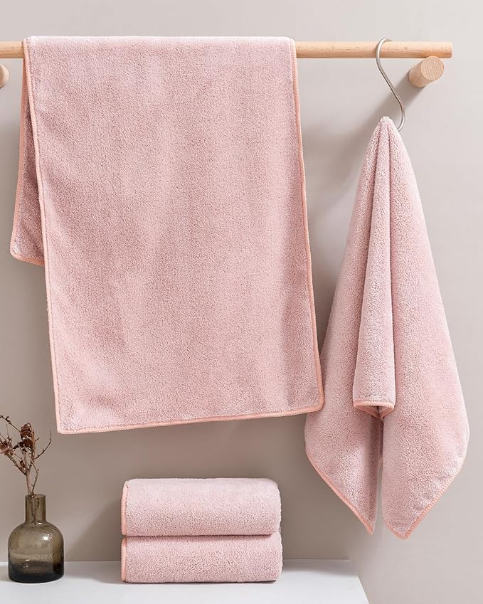 sakano Microfiber Bath Towel Set Ultra Soft Absorbent Speedy Drying Fade Resistant, 4 Bath Towels and 4 Hand Towels, Perfect for Family Bathroom, Gym, and Spa Use - Pink