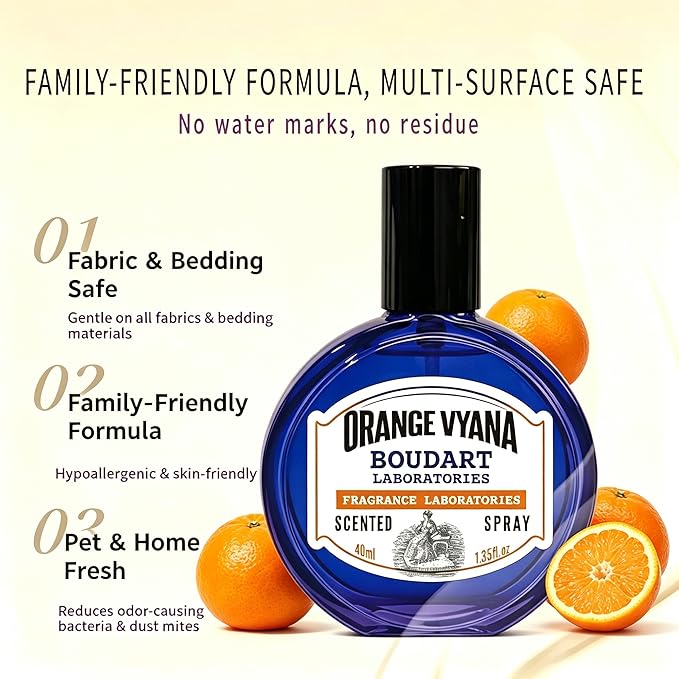 Travel Fabric Refresher Spray – Odor Eliminator & Wrinkle Release, TSA Approved 40ml for Gym Hotel Office Clothes Sofa CurtainsOrange Vyana Scent – Boudart Labs