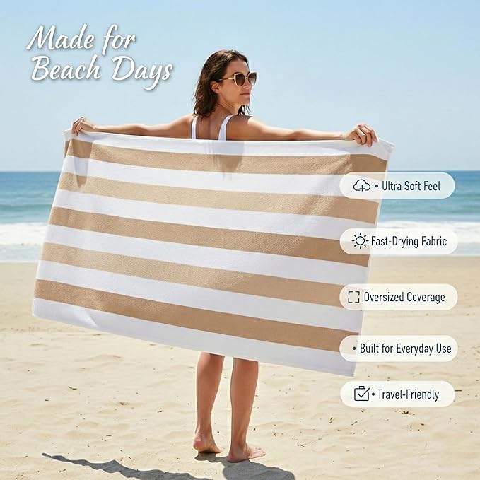Premium Velour Cabana Beach Towel 4 Pack, 30” x 60” Soft Plush Cotton Pool Towel, Absorbent Quick Dry Towel for Beach and Pool (White Beige)