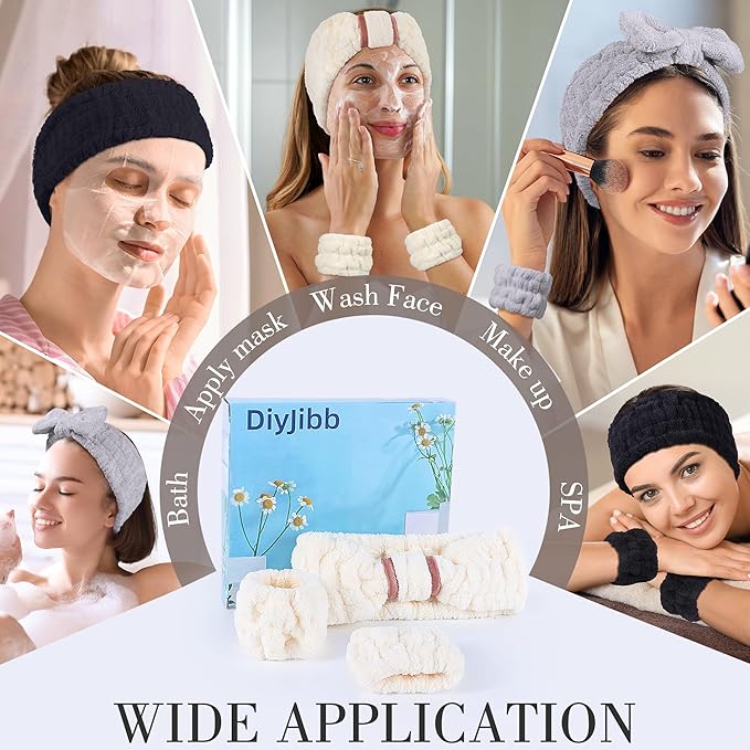 DiyJibb 9 Pcs Spa Headband for Washing Face,Skincare Headband and Wristband Set,Women Teen Girls Facial Hairbands for Washing Face, Makeup, Sports, Yoga(Apricot+Grey+Black)