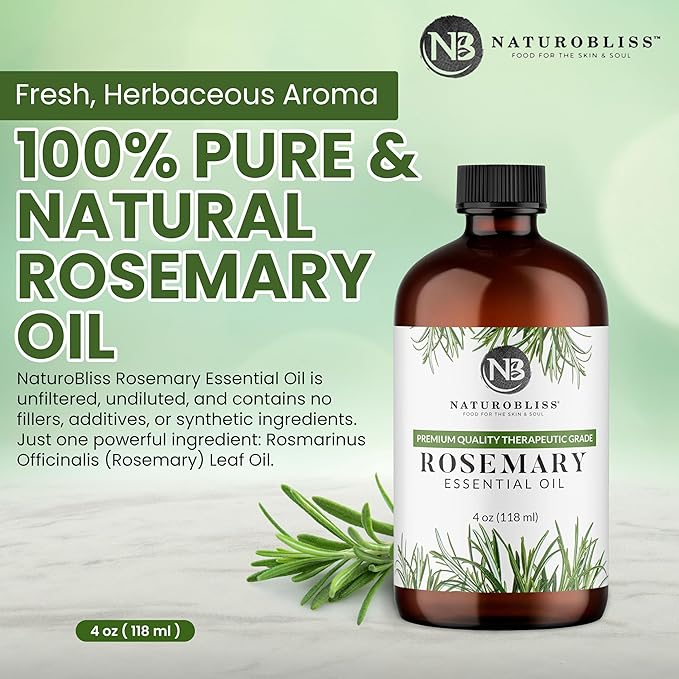 NaturoBliss 100% Pure Rosemary Essential Oil Therapeutic Grade Premium Quality (4 fl. oz) with Glass Dropper, Perfect for Aromatherapy