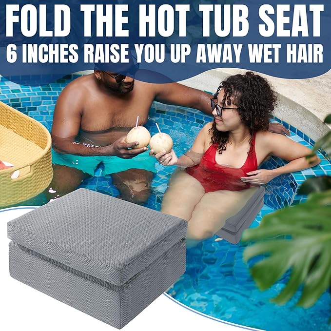 MABOZOO Foldable Hot Tub Booster Seat, Adjuatable 2 Heights Extra Thick Hot Tub Pillow Bath Seat with Back Support Cushions, Washable Hot Tub Seat Cushion for Indoor Outdoor (Gray)