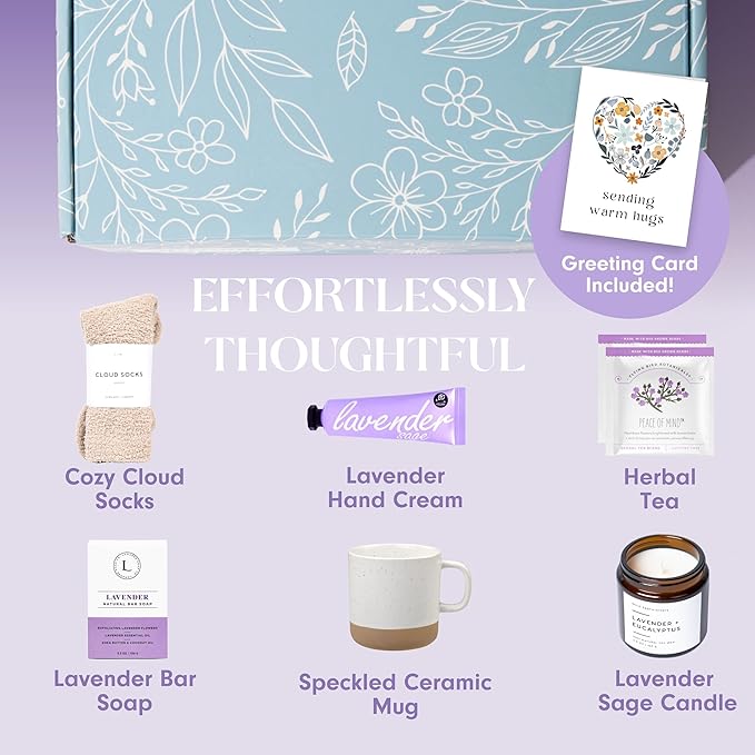 Unboxme Lavender Spa Gift Basket for Women — Mother’s Day Gifts for Mom, Self Care Package with Aromatherapy Candle, Bath Bomb, Tea & Mug | Birthday, Thank You, Get Well