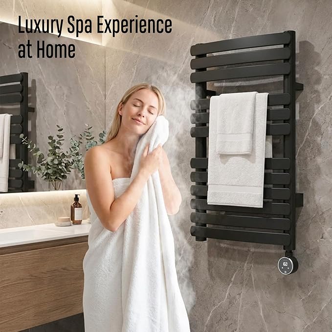 Towel Warmer, Large Size Heated Towel Rack with Built-in Timer and Temperature Control, Detachable Controller, Hardwired/Plug-in, Black