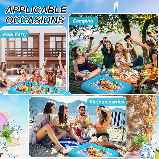 Leitee 4 Pcs Inflatable Ice Serving Bars Buffet Serving Tray Drink Cooler for Pool Party Inflatable Ice Tray Floating Food Drink Containers with Drain Plug and a Hand Pump, 2 Sizes (Blue)